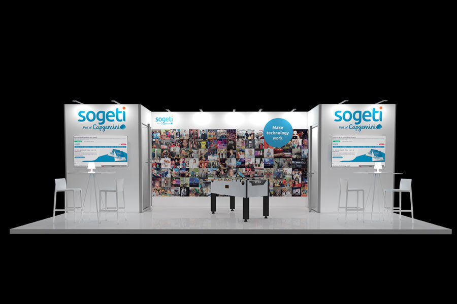 3D-ontwerp van beursstand met visuals, branding en interactieve elementen.